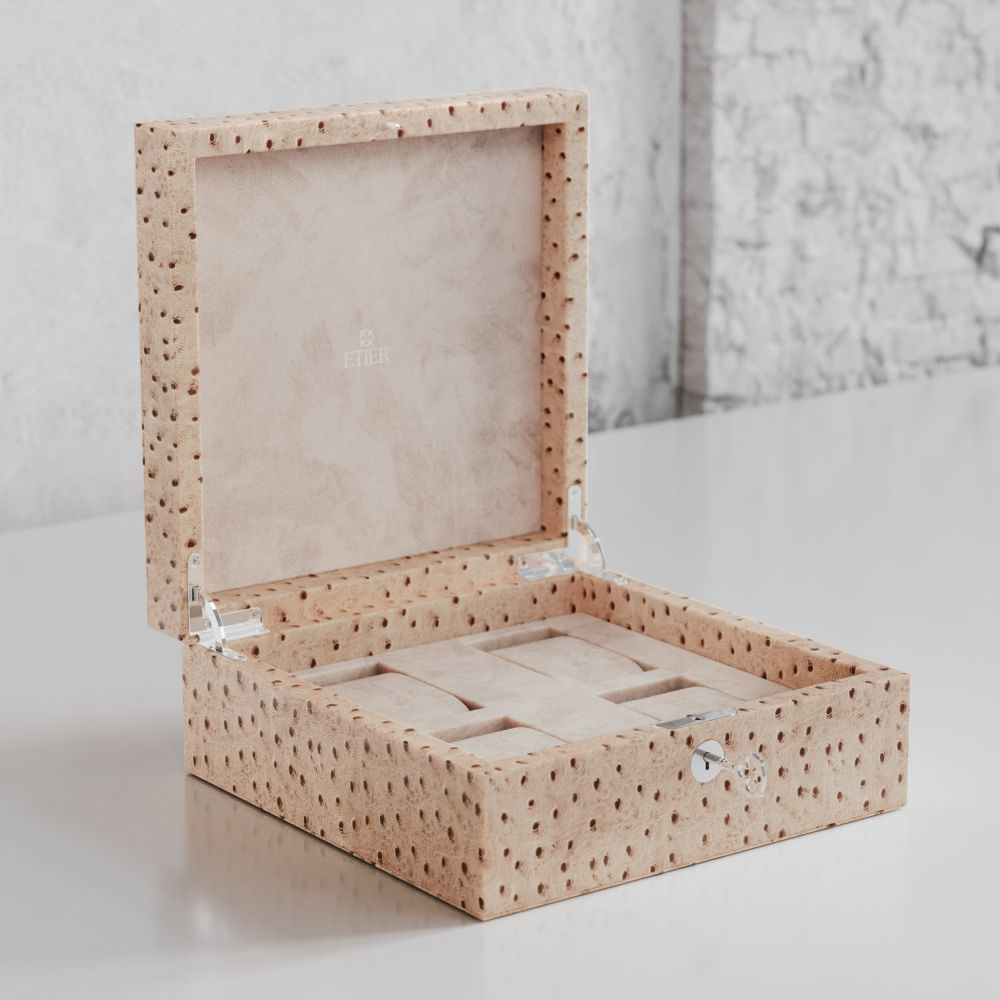 Etier Vigo Four Watch Case Light Cappuccino Ostrich Leather