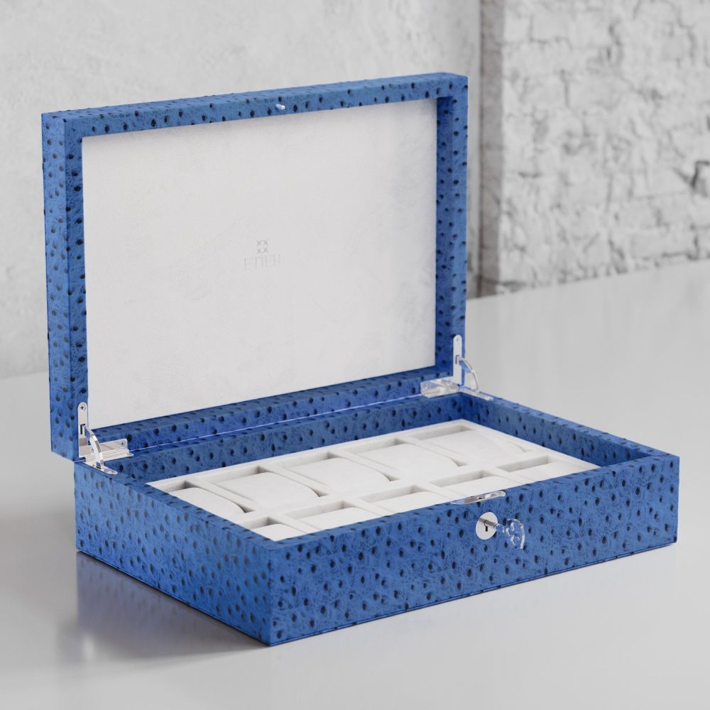 Etier Struzzo Ten Watch Case Blue Ostrich Leather