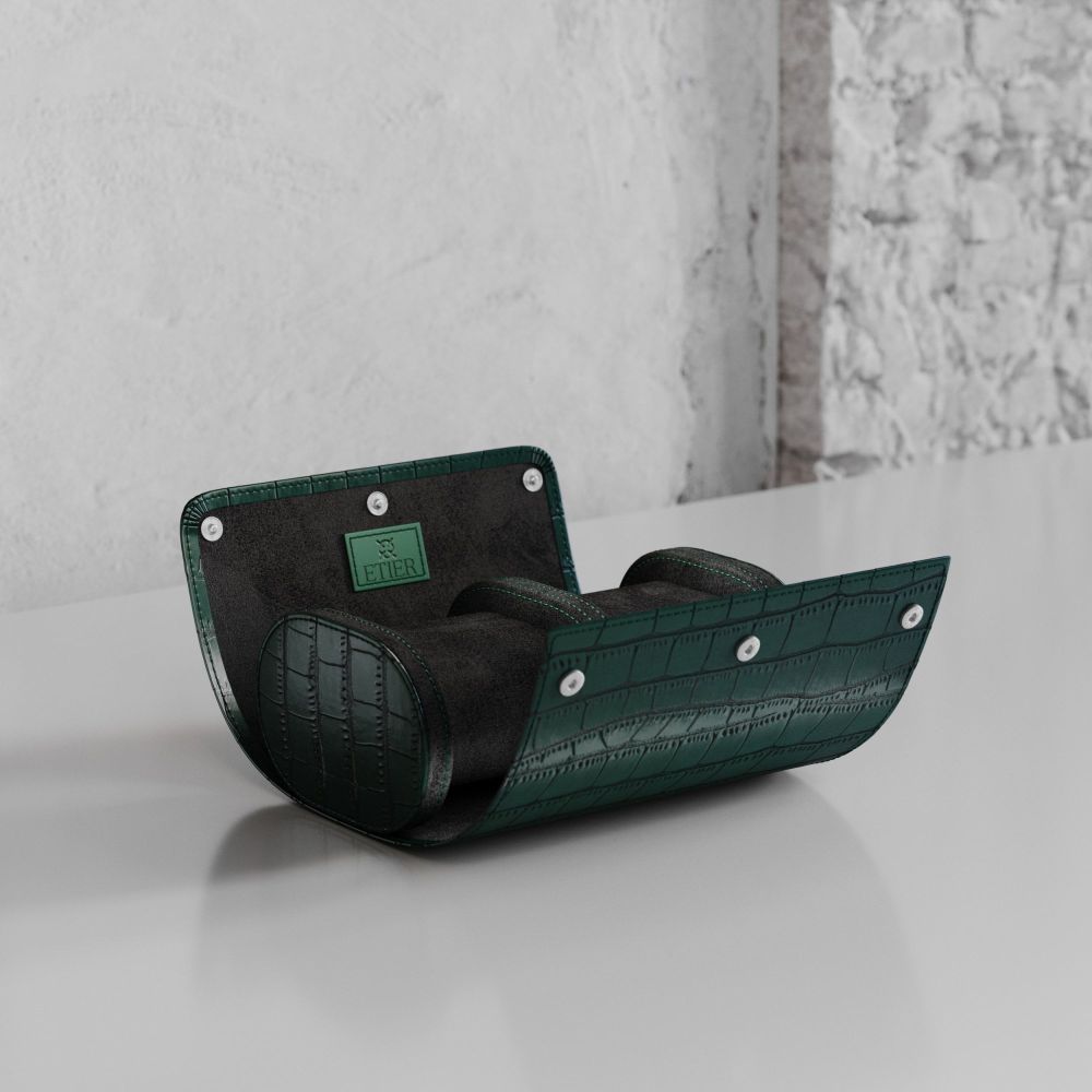 Etier Verdi Double Watch Roll Green Crocodile Leather