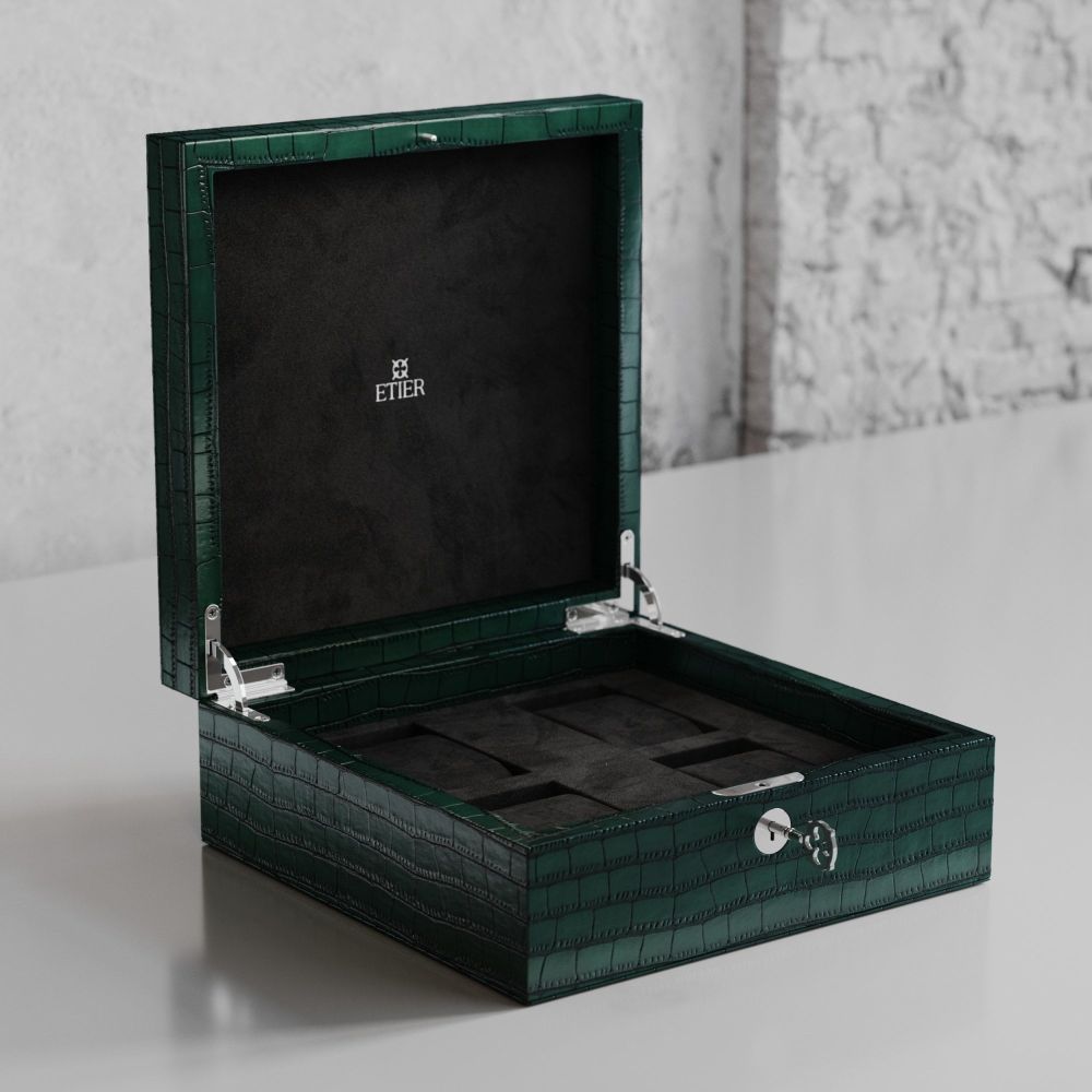 Etier Tempo Four Watch Case Green Crocodile Leather