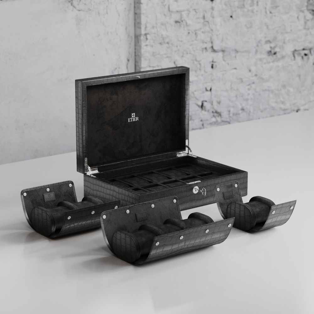 Etier Watch Rolls & Case Black Crocodile Leather Set