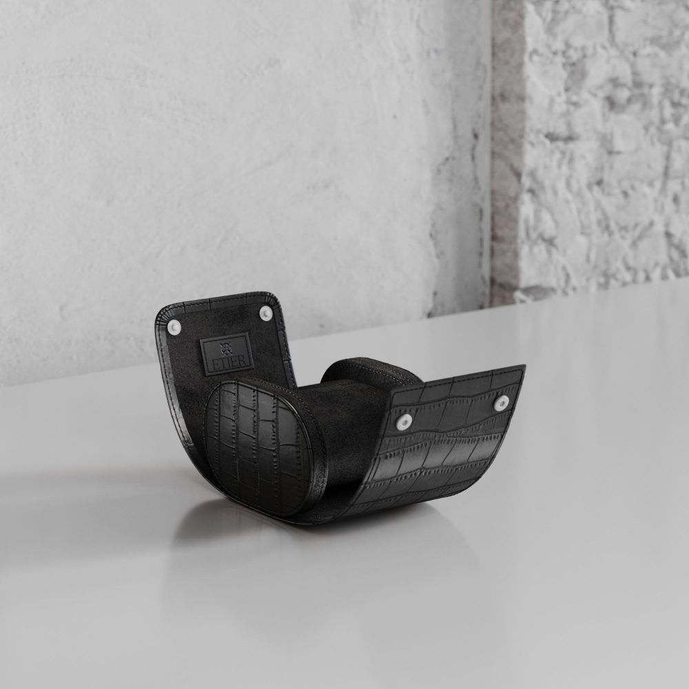 Etier Verdi Single Watch Roll Black Crocodile Leather