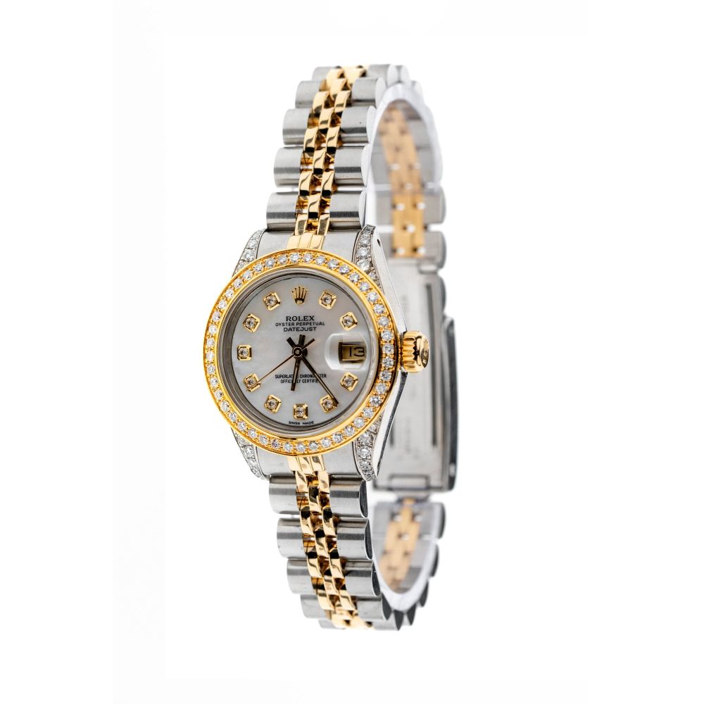 Rolex Datejust 26mm with Silver Mother of Pearl Dial, Diamond Bezel, and Diamond-Set Shoulders