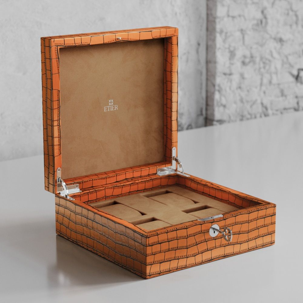 Etier Tempo Four Watch Case Tan Crocodile Leather