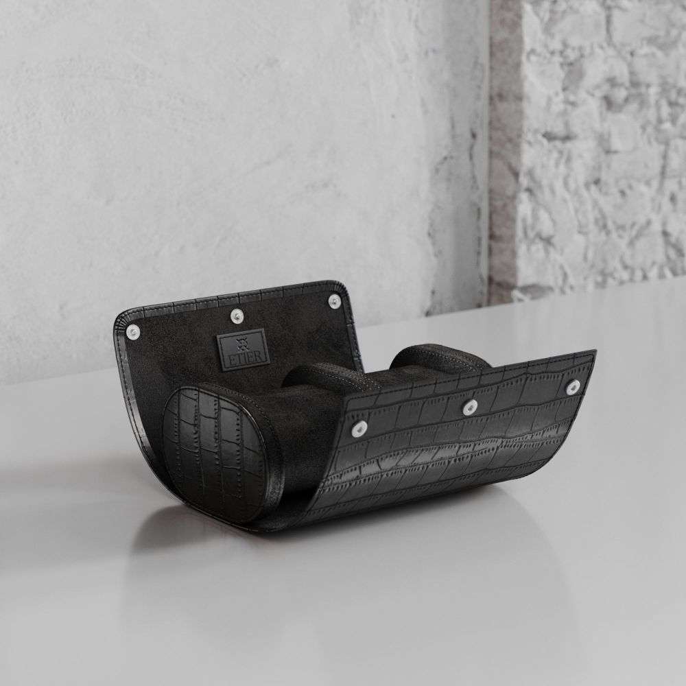 Etier Verdi Double Watch Roll Black Crocodile Leather