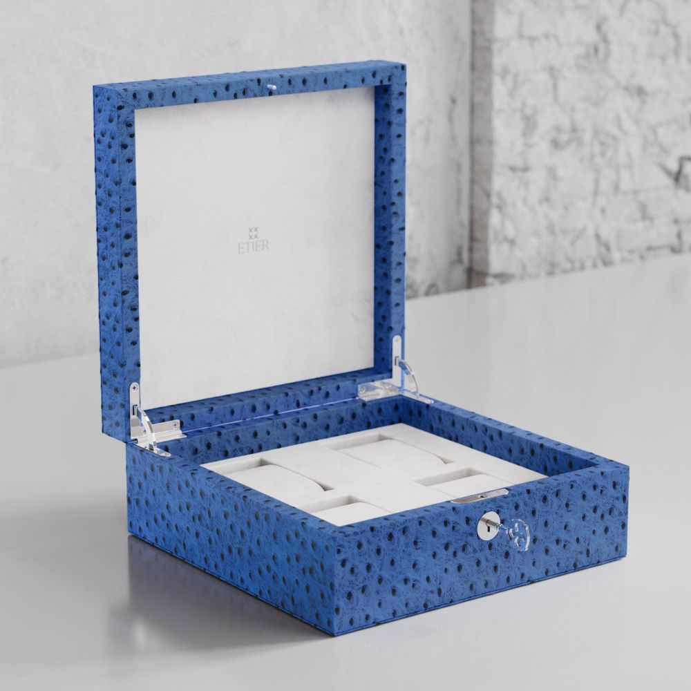 Etier Vigo Four Watch Case Blue Ostrich Leather