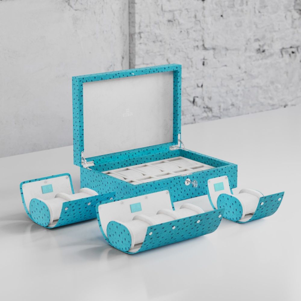 Etier Watch Rolls & Case Aqua Ostrich Leather Set