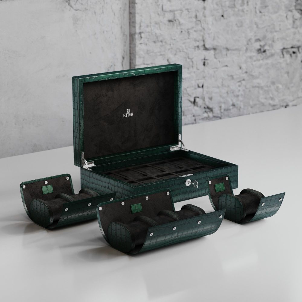 Etier Watch Rolls & Case Green Crocodile Leather Set
