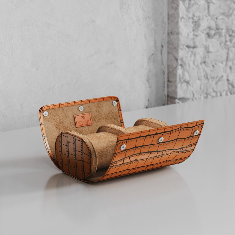 Etier Verdi Double Watch Roll Tan Crocodile Leather