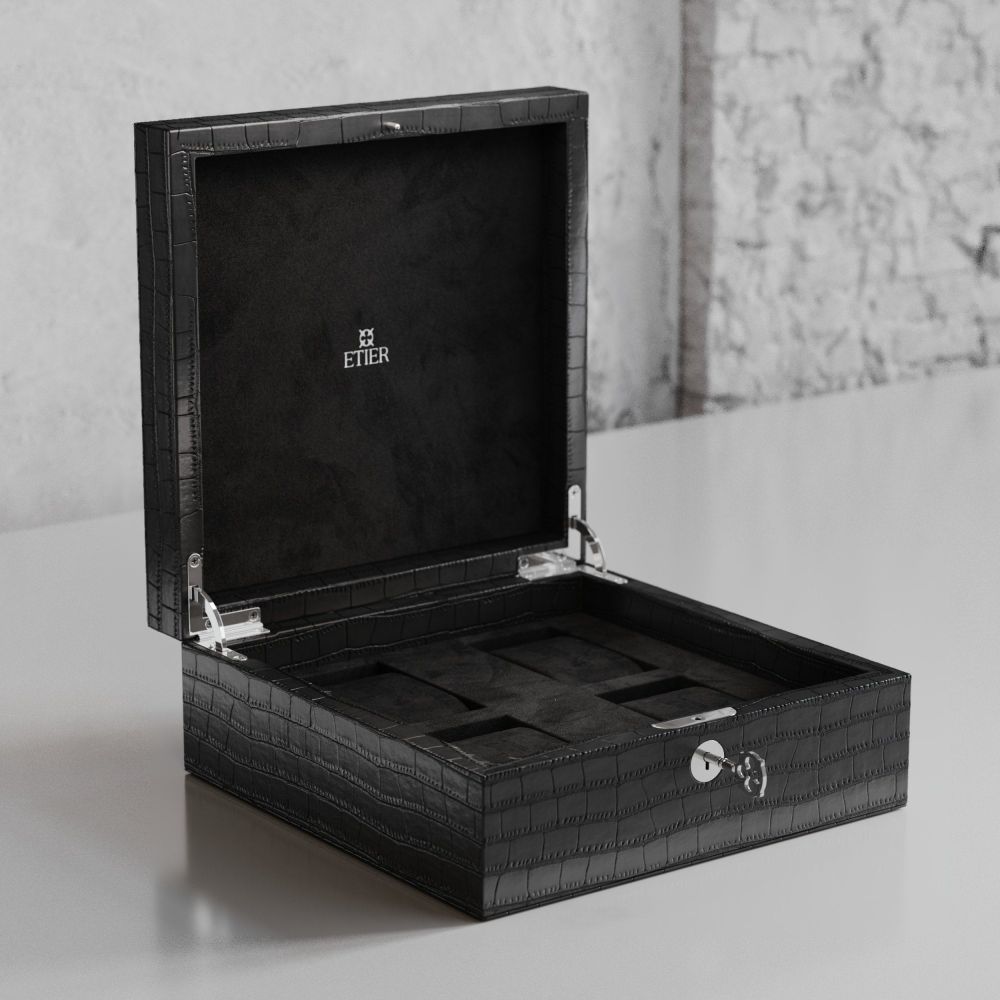 Etier Tempo Four Watch Case Black Crocodile Leather