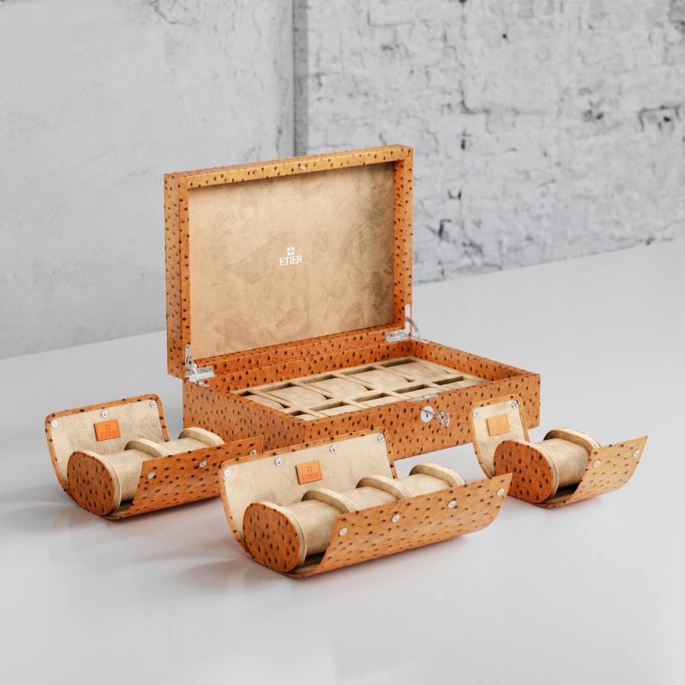 Etier Watch Rolls & Case Tan Ostrich Leather Set