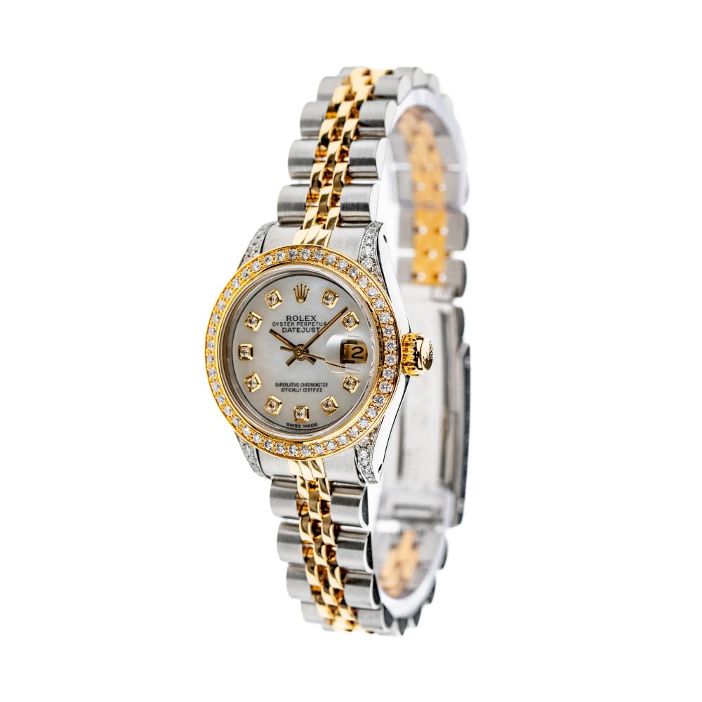 Rolex Datejust 26mm with White Mother of Pearl Dial, Diamond Bezel, and Diamond-Set Shoulders