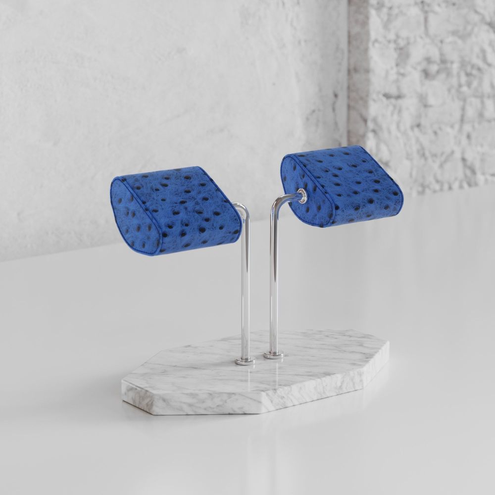 Etier Double Watch Stand Carrara Marble & Blue Ostrich Leather