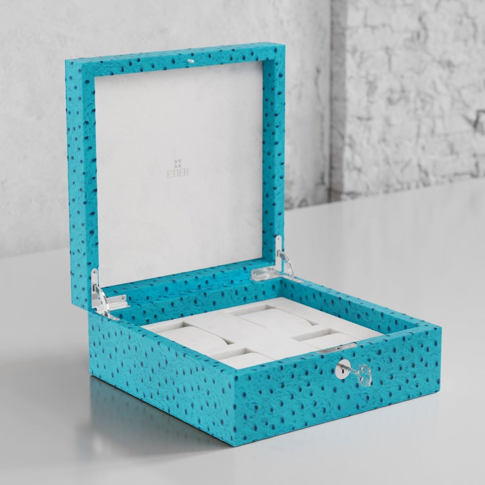 Etier Vigo Four Watch Case Aqua Ostrich Leather