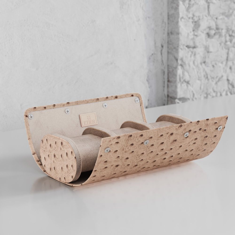 Etier Gusto Triple Watch Roll Light Cappuccino Ostrich Leather