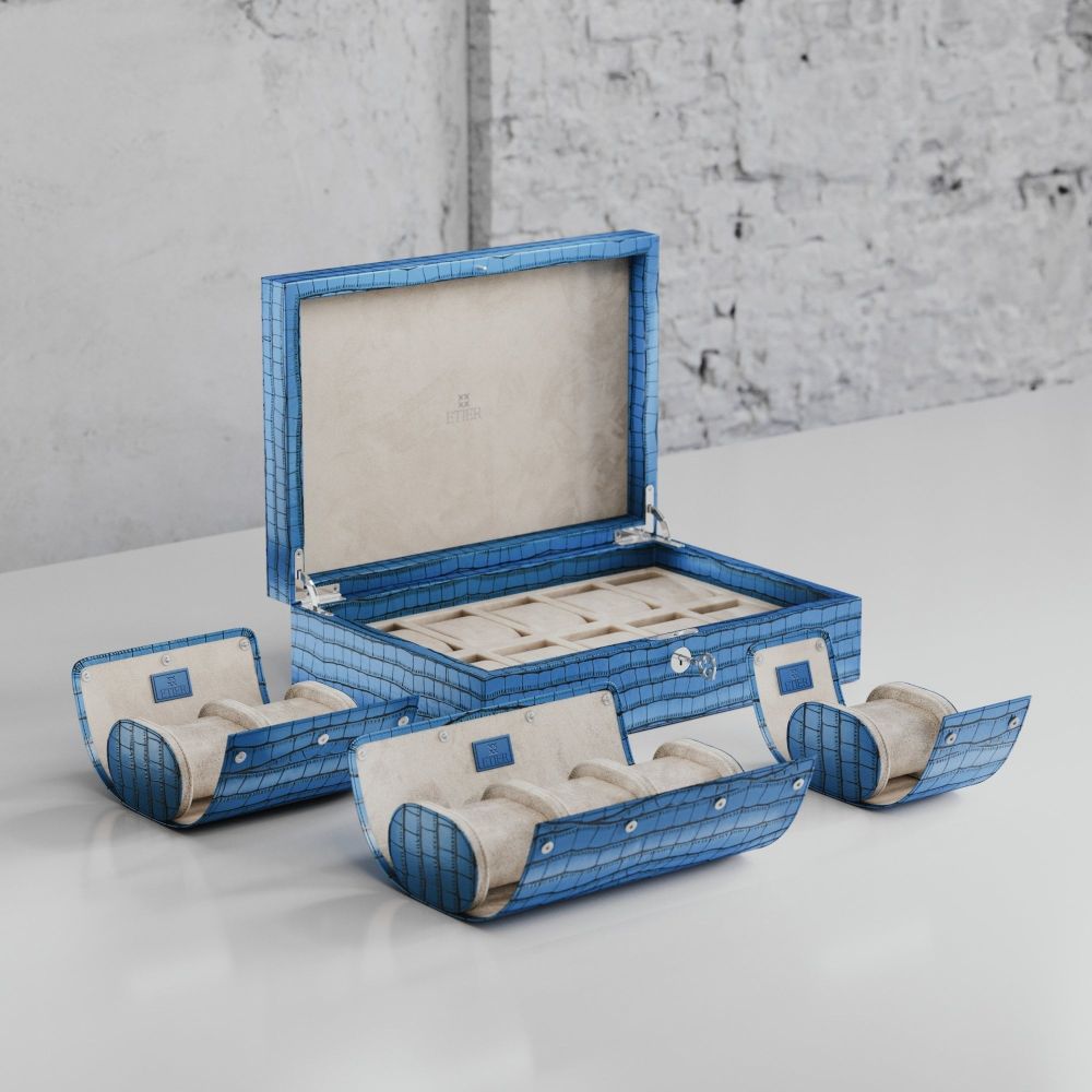 Etier Watch Rolls & Case Blue Crocodile Leather Set