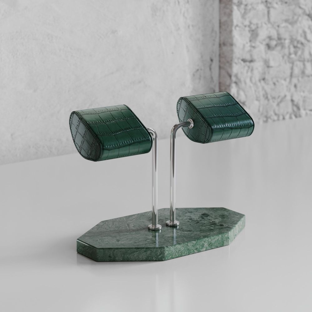 Etier Double Watch Stand Verde Marble & Green Crocodile Leather