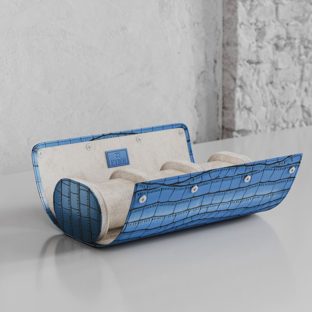 Etier Verdi Triple Watch Roll Blue Crocodile Leather