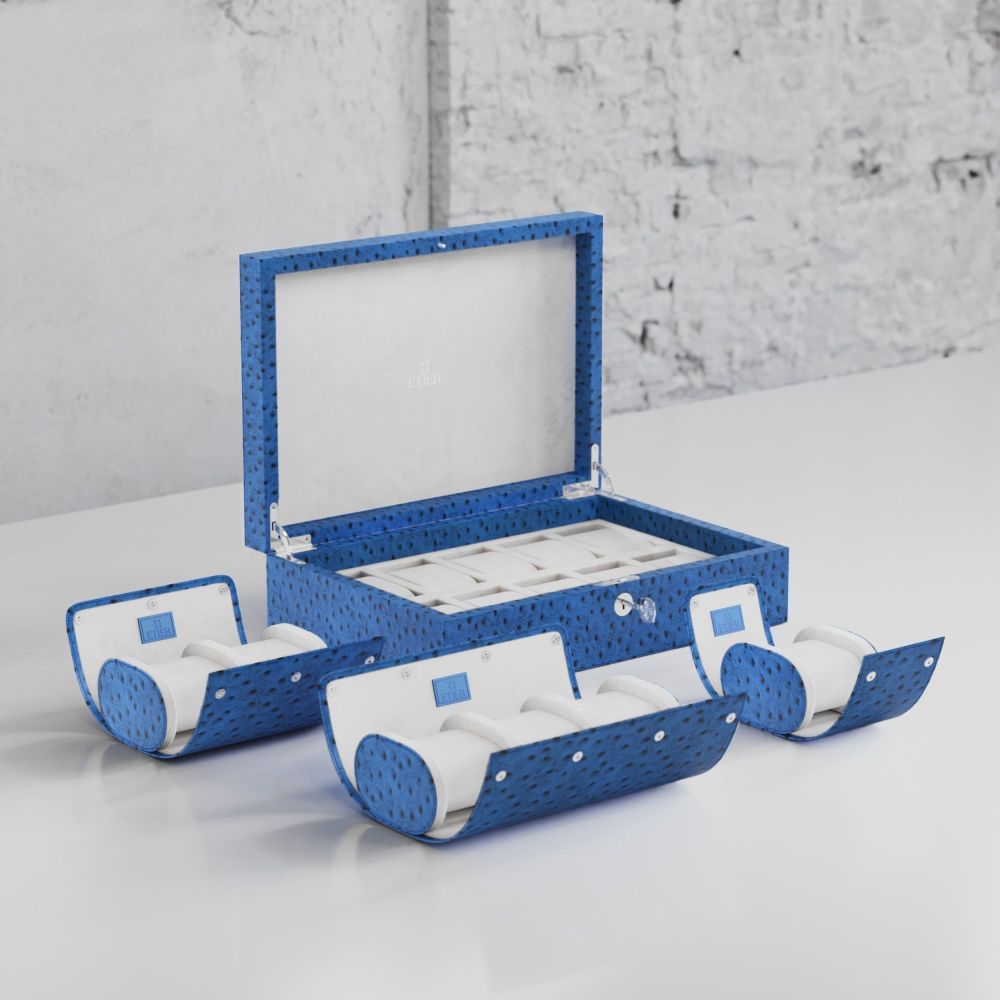 Etier Watch Rolls & Case Blue Ostrich Leather Set