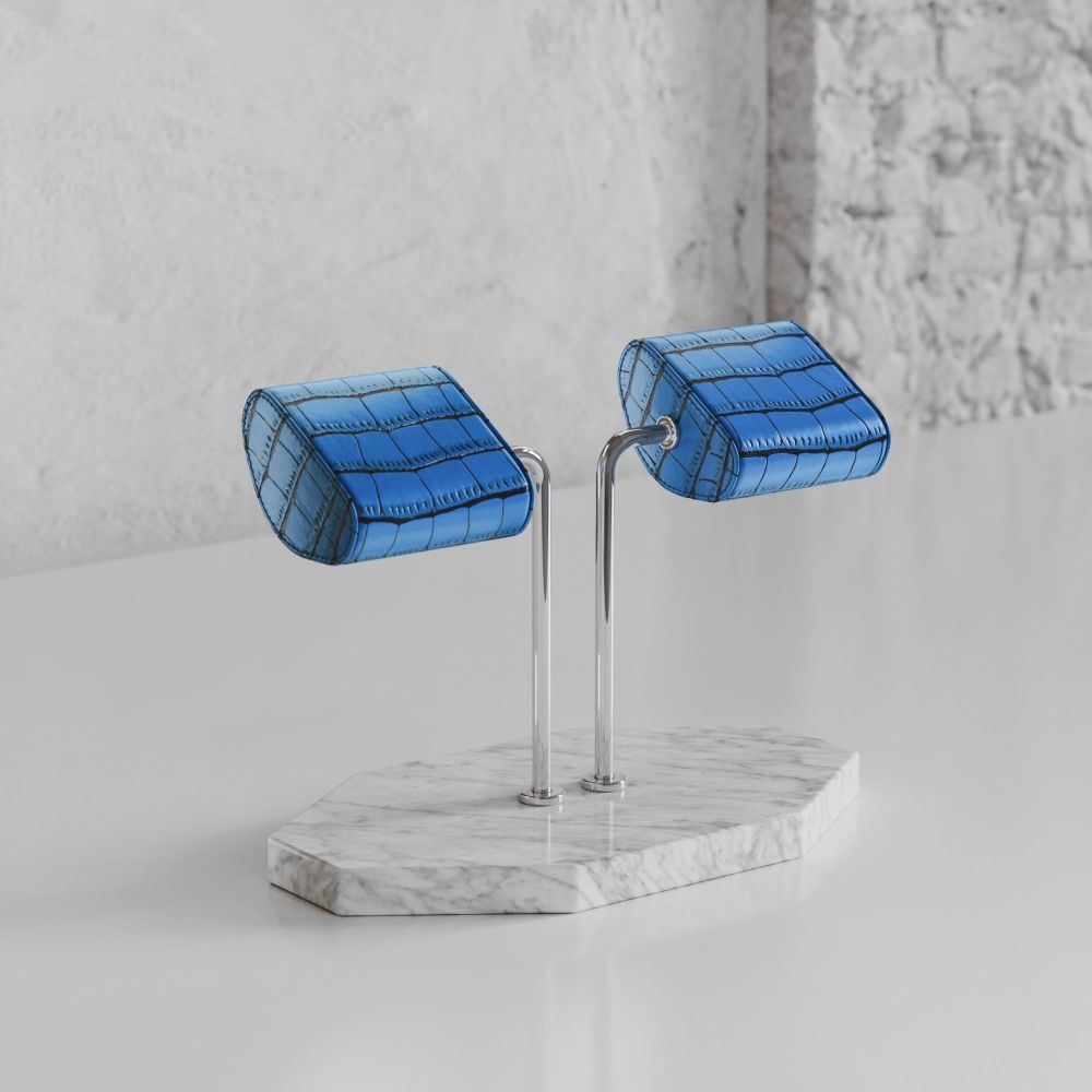 Etier Double Watch Stand Carrara Marble & Blue Crocodile Leather