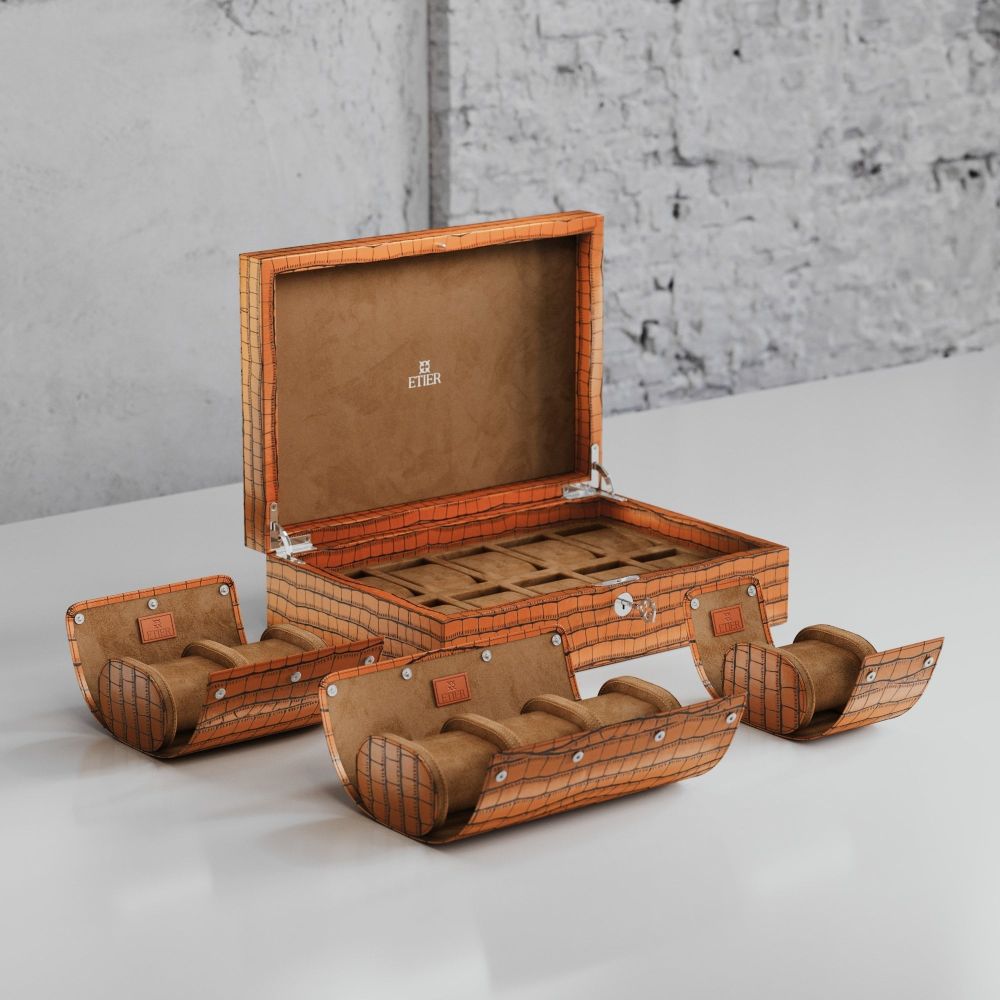 Etier Watch Rolls & Case Tan Crocodile Leather Set