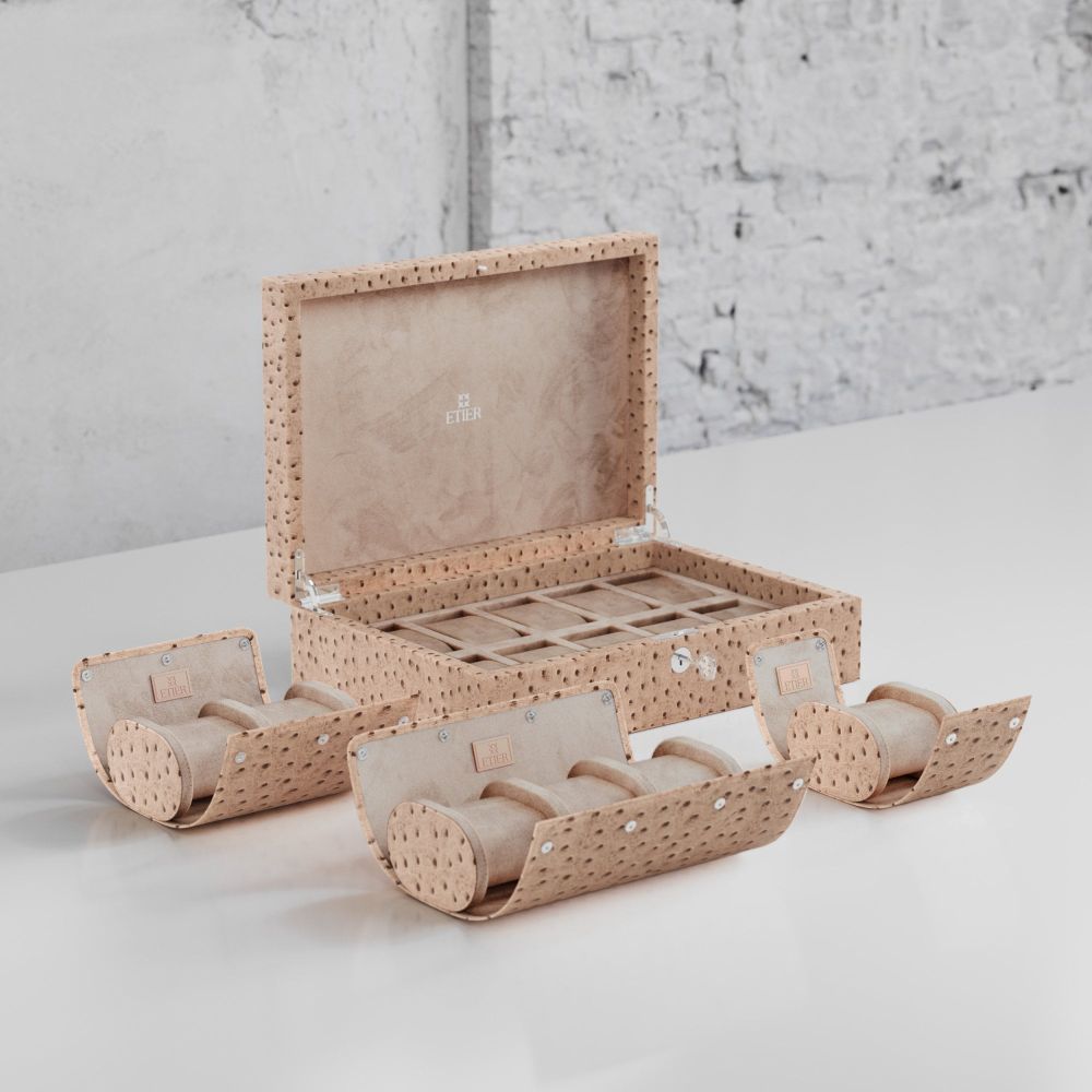 Etier Watch Rolls & Case Light Cappuccino Ostrich Leather Set