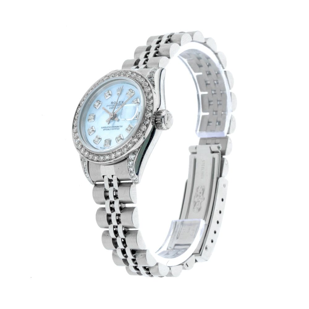 Rolex Datejust 26mm with Blue Mother of Pearl Dial, Diamond Bezel, and Diamond-Set Shoulders