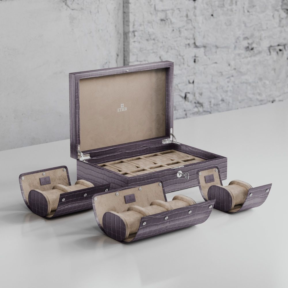 Etier Watch Rolls & Case Grey Crocodile Leather Set