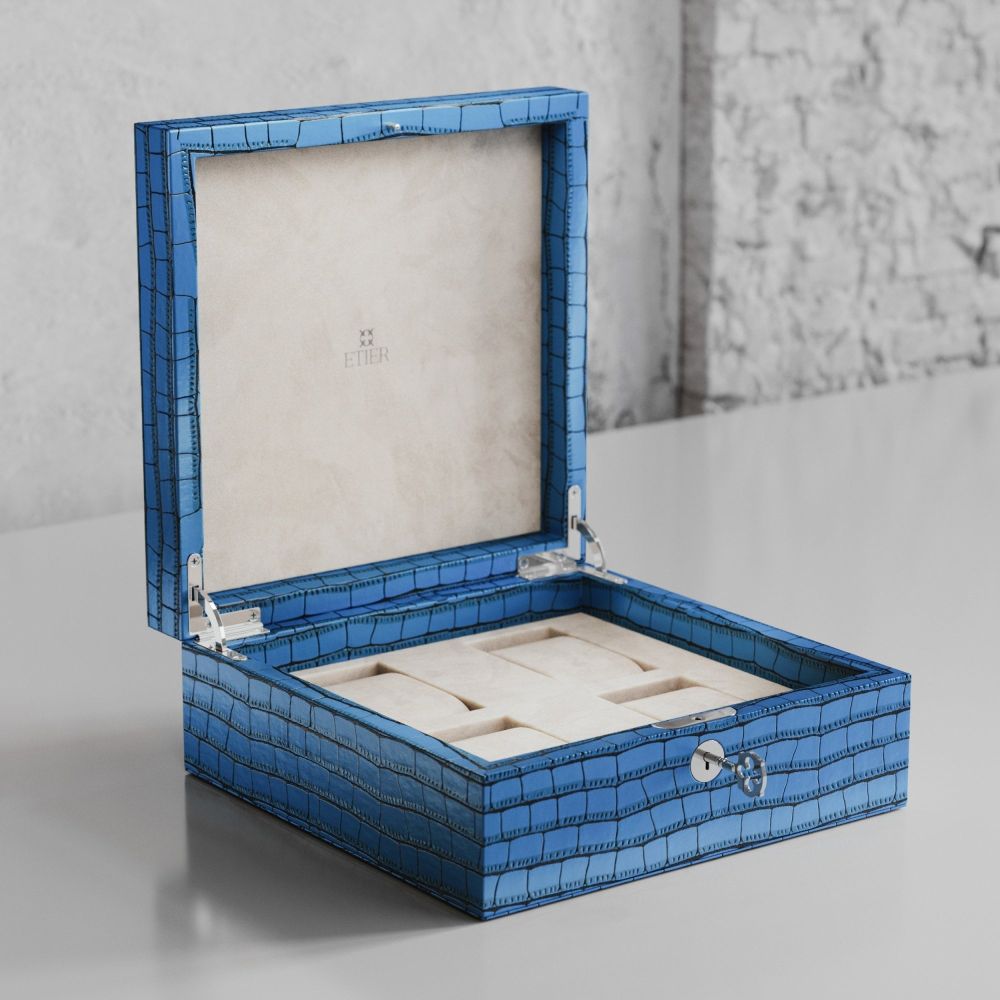 Etier Tempo Four Watch Case Blue Crocodile Leather