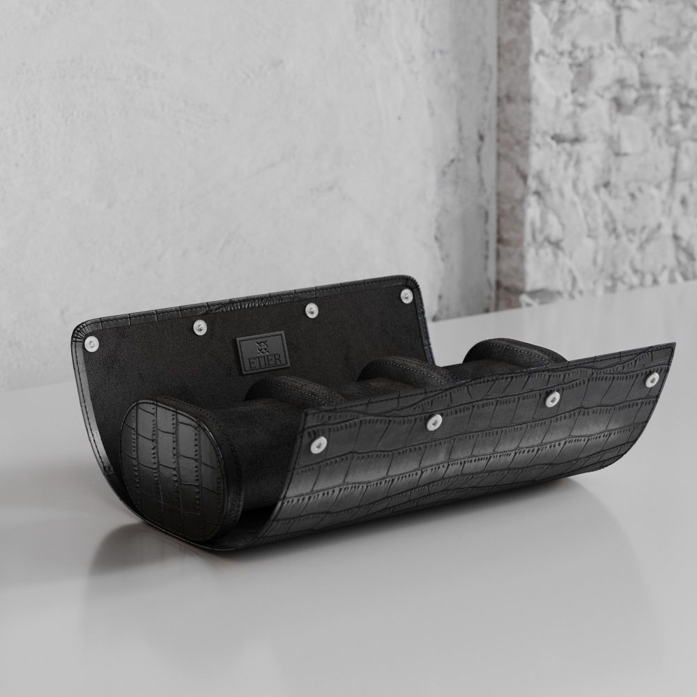 Etier Verdi Triple Watch Roll Black Crocodile Leather