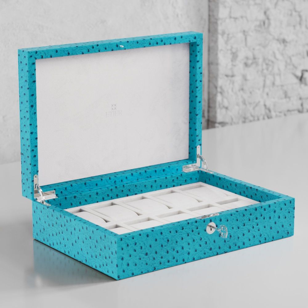Etier Struzzo Ten Watch Case Aqua Ostrich Leather