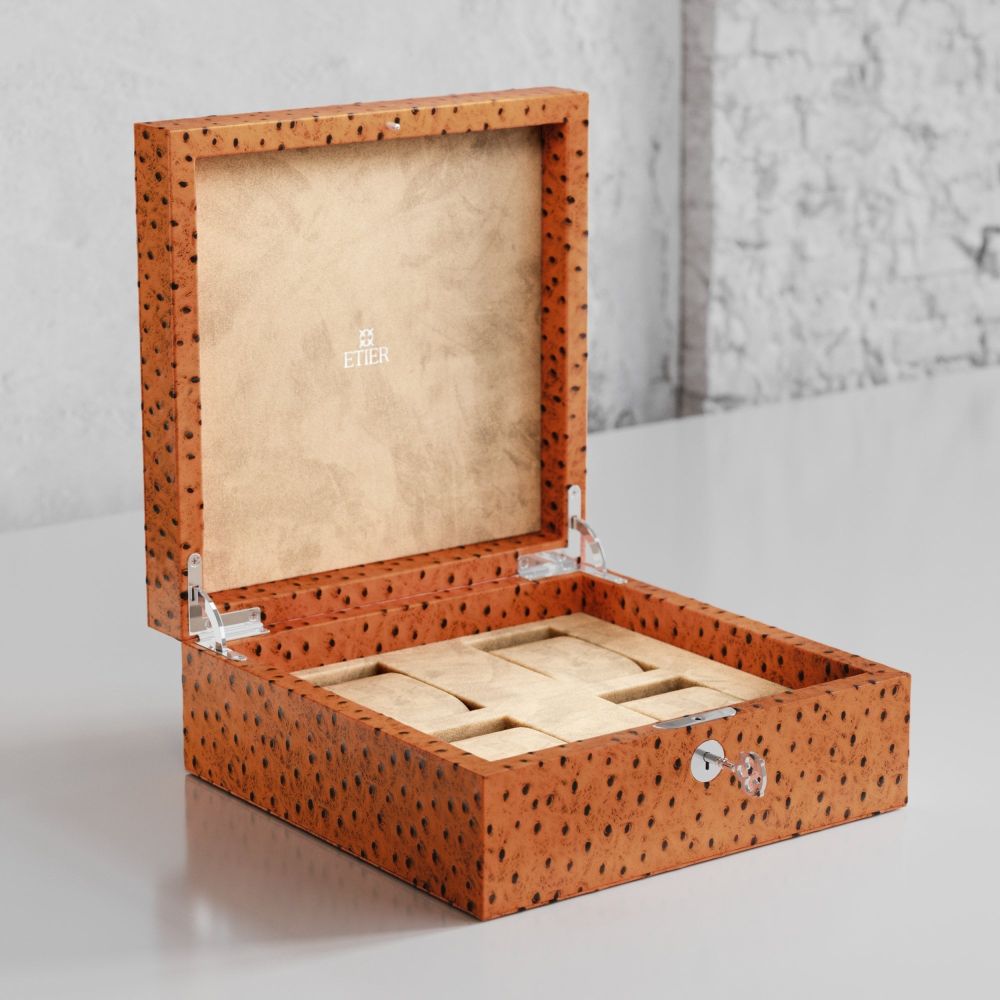 Etier Vigo Four Watch Case Tan Ostrich Leather