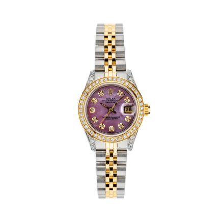 Rolex Datejust 26mm with Purple Mother of Pearl Dial, Diamond Bezel, and Diamond-Set Shoulders