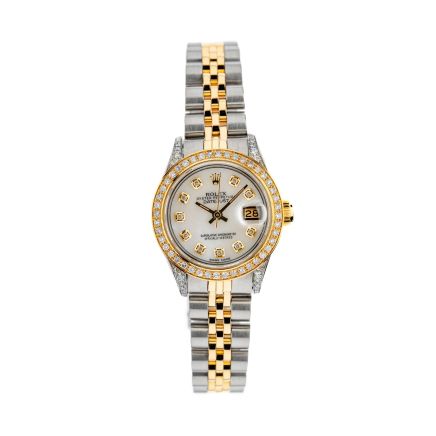 Rolex Datejust 26mm with White Mother of Pearl Dial, Diamond Bezel, and Diamond-Set Shoulders